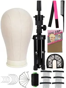 Canvas Block Head Set for Wig Display, Adjustable Tripod Mannequin Head Stand, Practice Mannequin Head, Ideal for Hair Weaving and Styling Training