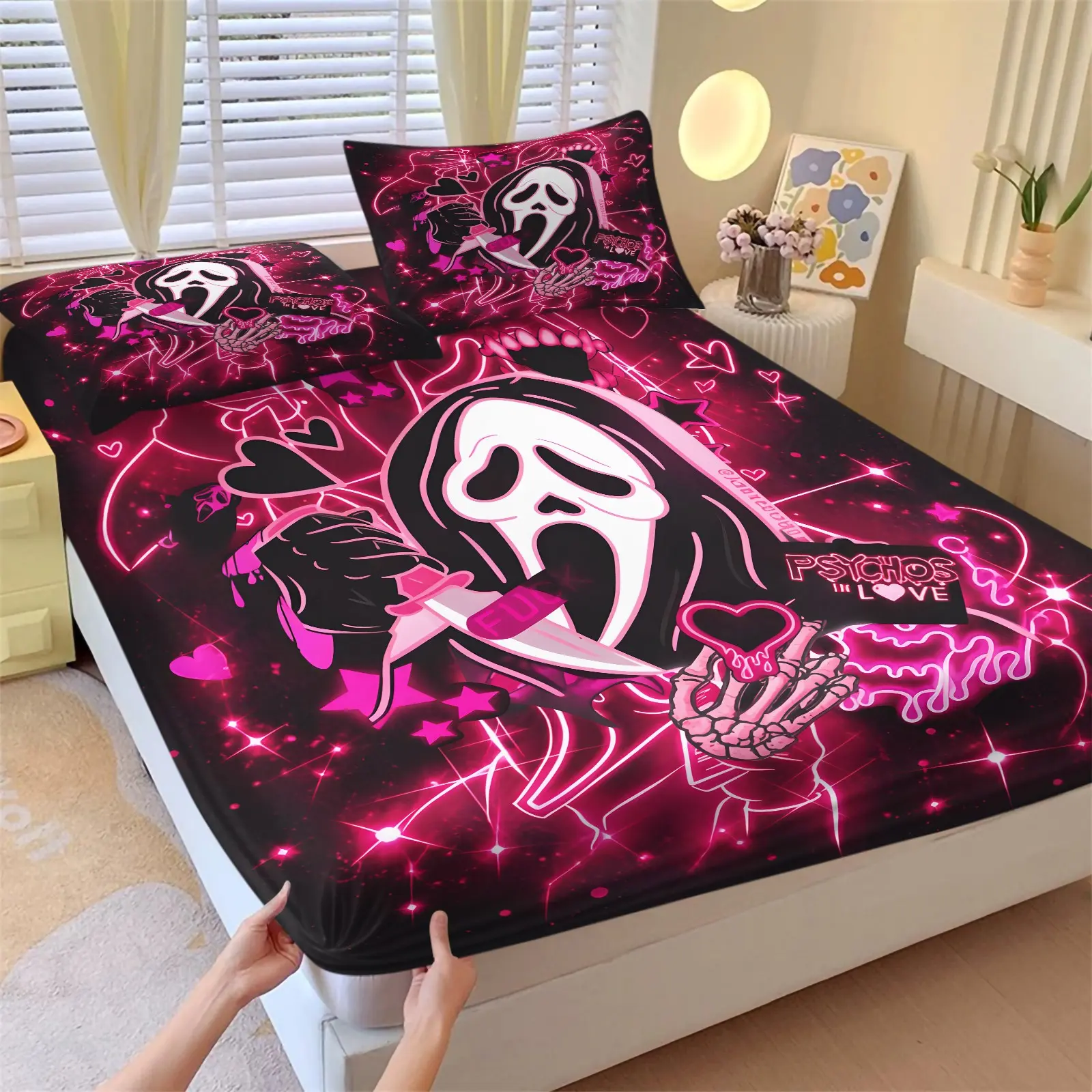 Pink Y2K Ghostface Scream Fitted Sheet Set (1 Fitted Sheet + 2 Pillowcases), Soft Breathable Microfiber, Deep Pocket Non‑Slip, Fits 12 Inch Mattress, Neon Love Heart Skeleton Print Bedding , Gothic Halloween Bedroom Decor