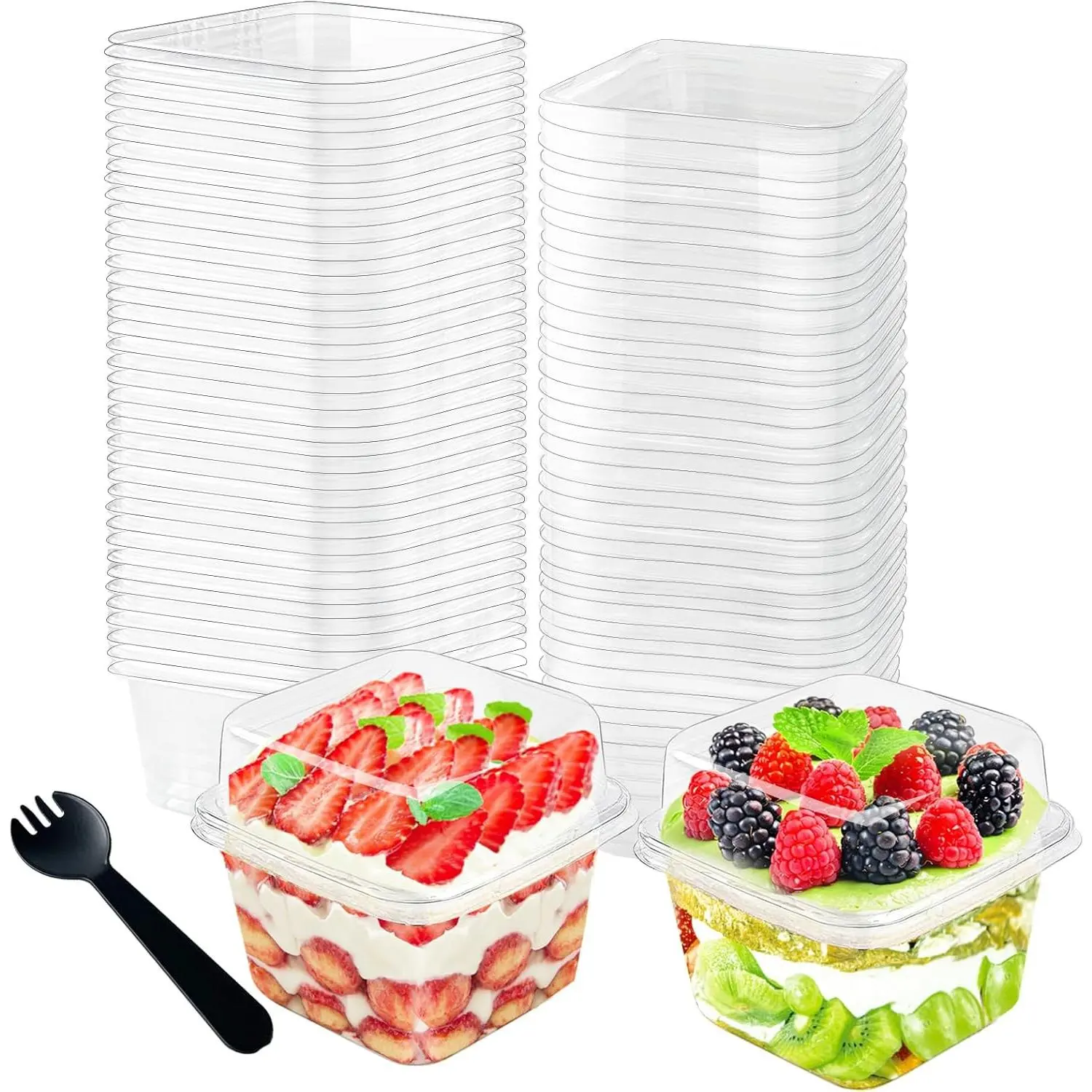 Solid Disposable Plastic Food Storage Containers - 50 Sets (100Pcs Total) 8oz Square Dessert Cups with Snap Seal Leak-Proof Lids, Disposable Spoons, Cost-Effective, Easy to Carry Out, Spoilage-Preventing for Pet Supplies Stairs & Ramps Users
