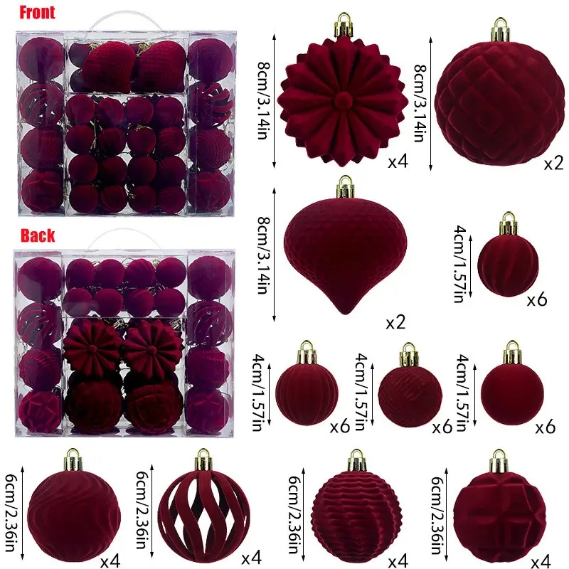 48pcs Flocking Christmas Balls Set, 4/6/8cm Plastic Hollow Decorations, Ideal for Holiday Ornaments, Festive Seasonal Decoration