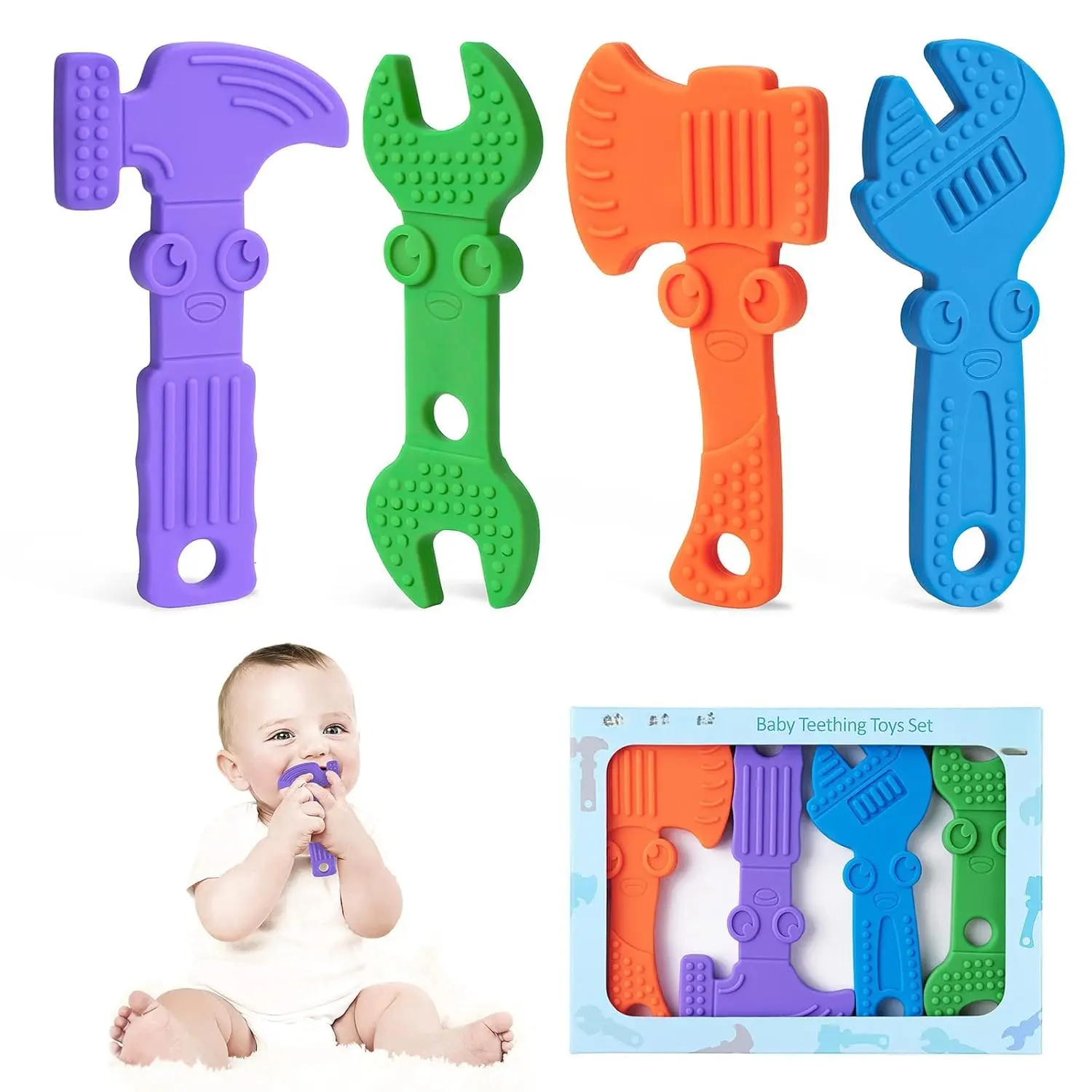 Baby Teething Toys  Babies, Baby Teether Toys, BPA Free Silicone Baby Molar Teether Chew Toys, Hammer Wrench Spanner Pliers  Boys Girls, Soft-Textured, Easy to Hold & Clean, 4 Packs New model