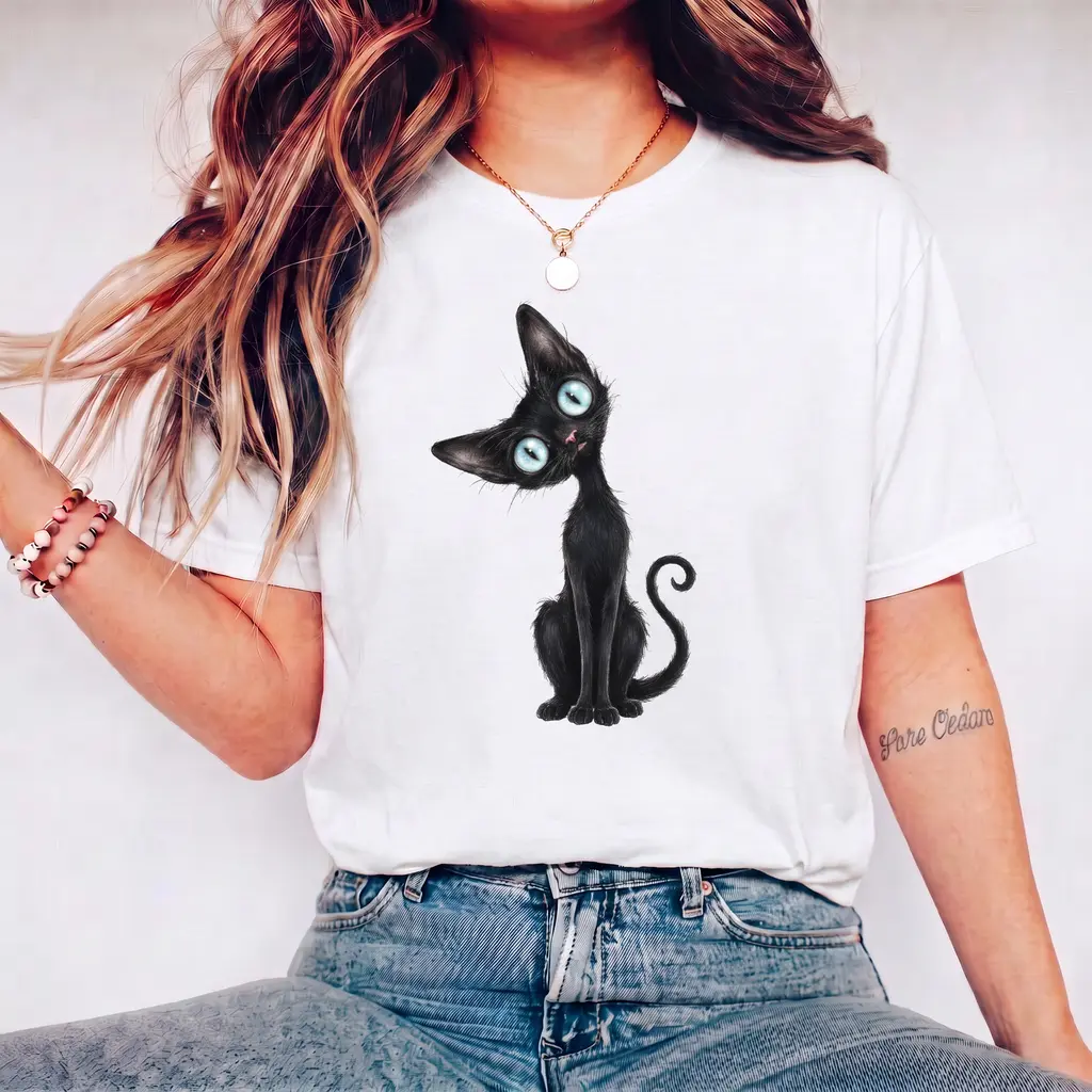 Black Cat Baby Tee, Y2K Womens Fitted Tshirts, Coraline Tshirt, Retro Shirt, Vintage Movie Tops, Cute Film Tshirt, Gift for Cat Lovers, Cute Oversized