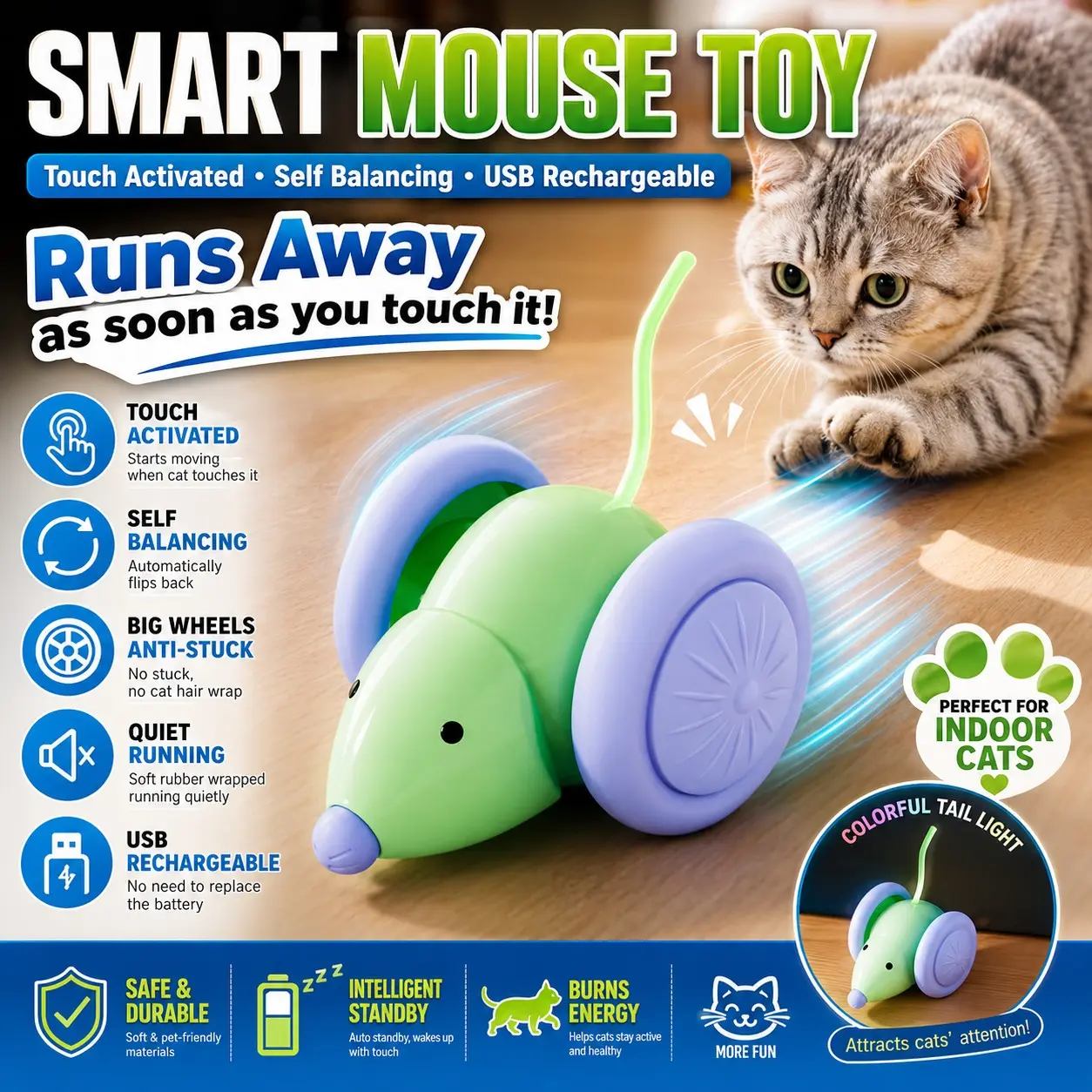 Interactive Smart Mouse Cat Toy, Touch Activated Self Balancing Toy, USB Rechargeable Automatic Moving Pet Toy for Indoor Cats