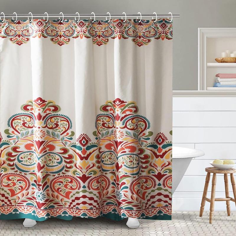 Flower Pattern Waterproof Bath Curtain, Polyester Bohemian Style Bathroom Decorative Curtain, Bathroom Accessory, Home Goods