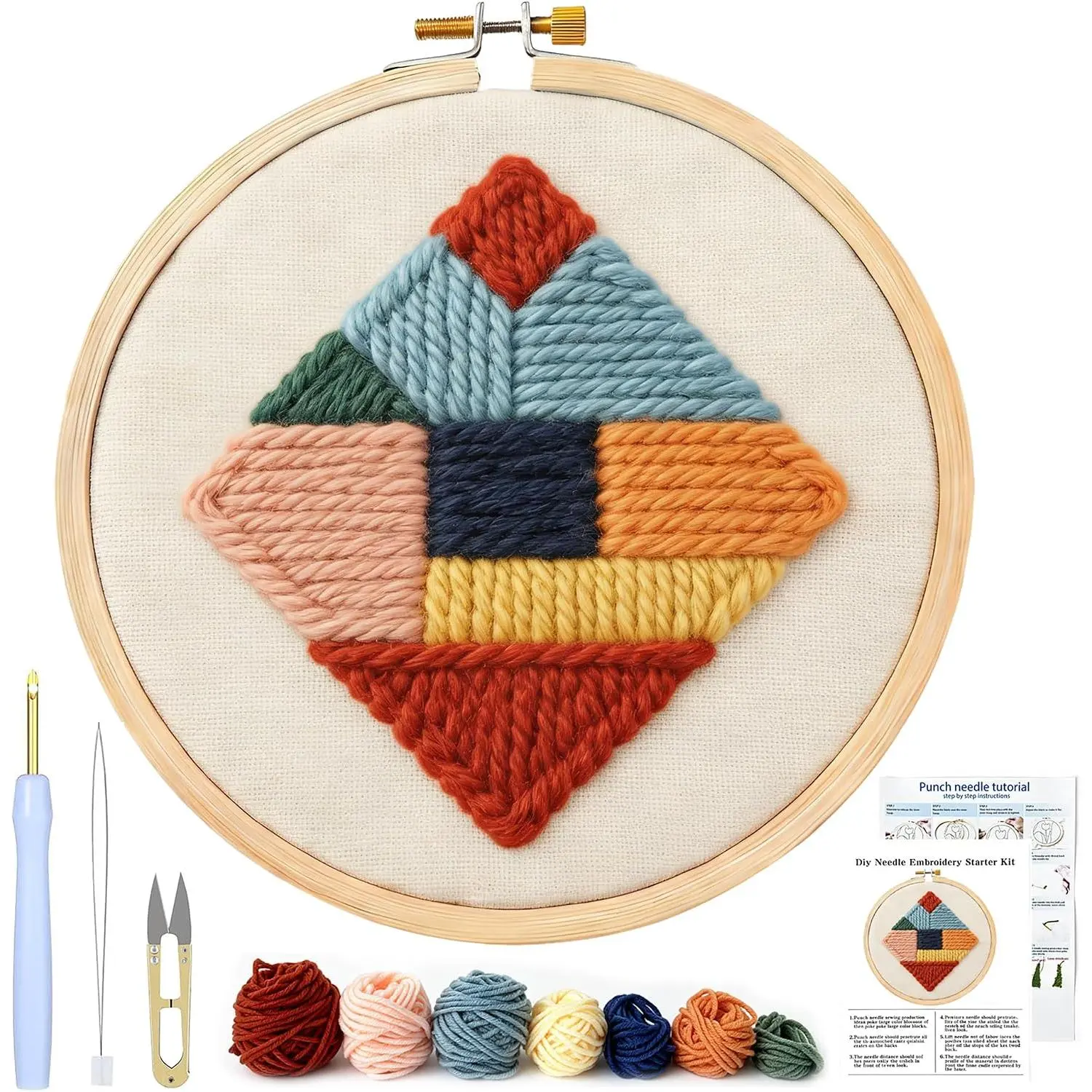 Punch  Kit for Adult Beginners,Punch Needling Set Geometry | Easy For Starter,DIY Embroidery Punchneedle Kit  Supplies With Wooden Hoop/Patterns/Yarns/Instruction