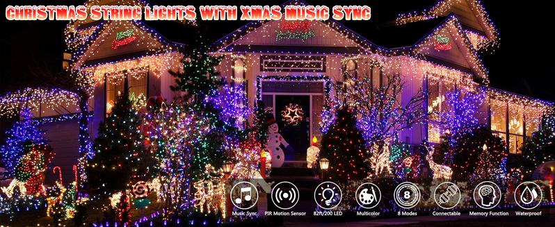 82 feet, 200 LED Christmas lights, Multicolor, with music synchronization and motion sensors, suitable for indoor and outdoor decoration, IP44 waterproof, 8 lighting modes, connectable, suitable for Christmas trees and Christmas party decorations.