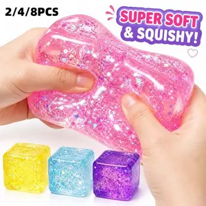 1 Pack Clear Glitter Ice Cube Squishy Toy, Super Soft Slow Rising Sensory Squeeze Fidget Toy for Kids & Adults, Random Color Anxiety Relief Stress Gift