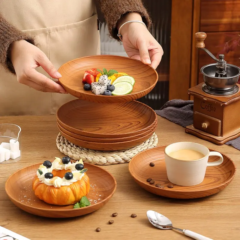Wood-Grain Colored Plastic Plate Set, Thickened Serving Tray for Salad, Sandwich & Bread, Party & Outdoor Camping Plates, Family Restaurant Use