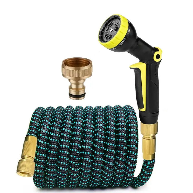 Leakproof Anti-Tangle Expandable Stretch Water Hose With Multi-Function Handheld Spray Nozzle Gun, Complete Brass Faucet Adapter Set For Household Cleaning, Pet Bathing & Yard Maintenance