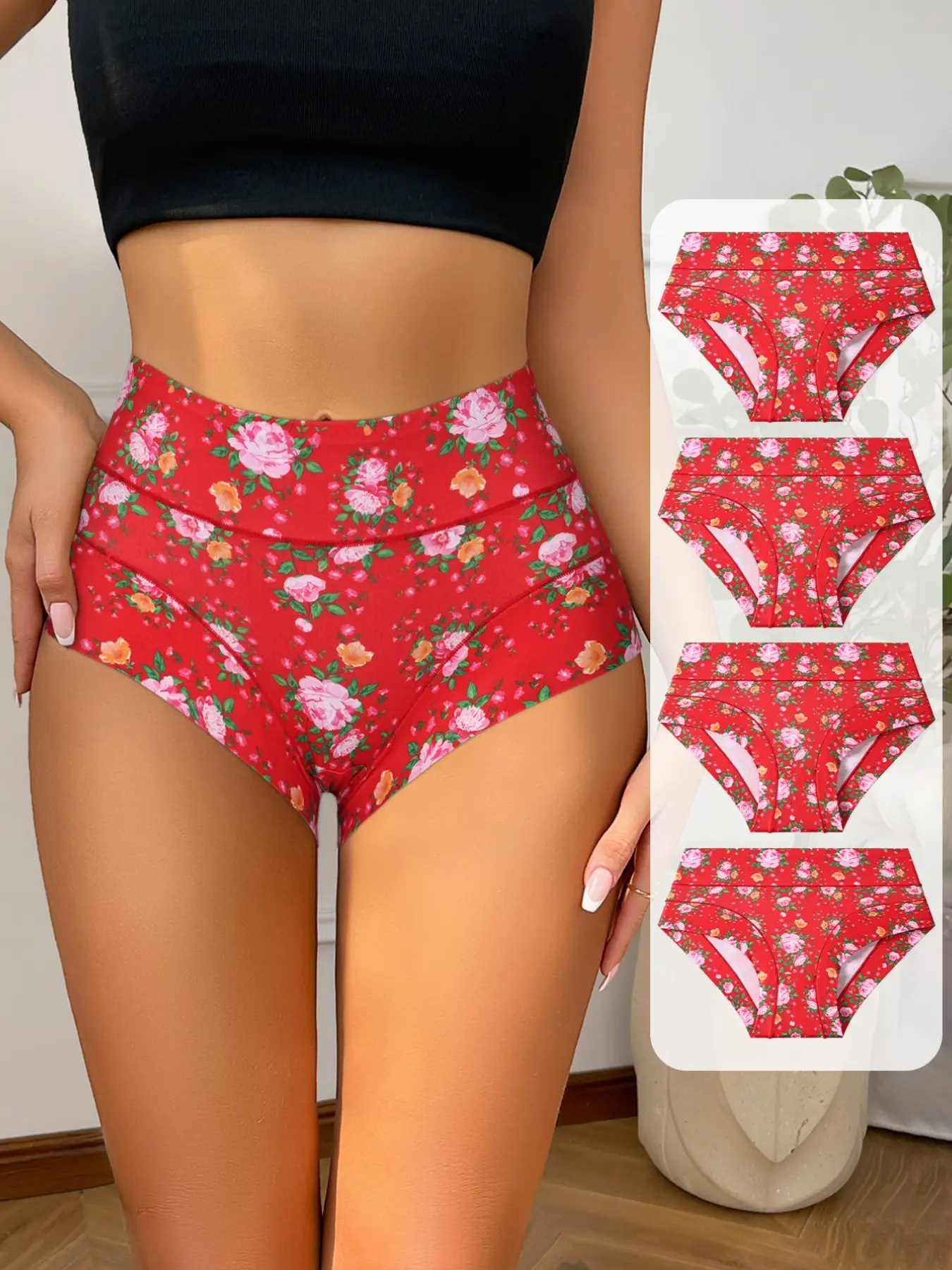 HOTCOM 4-Pack Romantic Red Floral Women's Briefs Set, Cute Rose Print Ruffle Trim Mid Rise Underwear, Soft Silky Skin Friendly, Ideal Gift For Holiday, Date & Daily Use S-XL