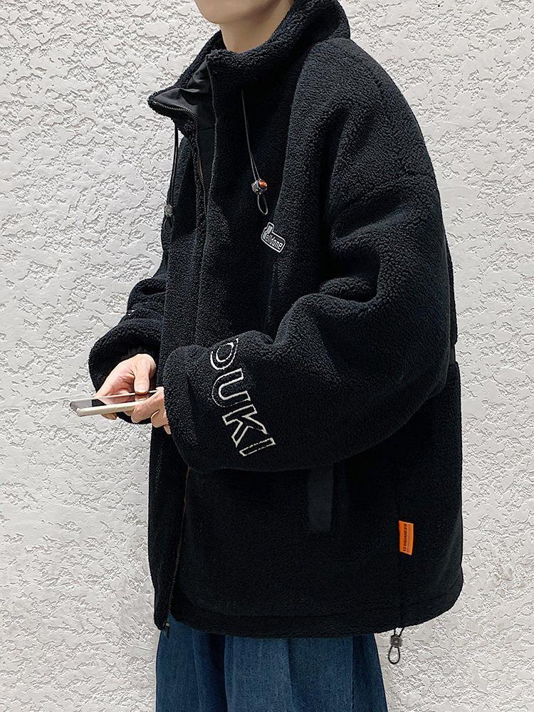 Men's lambskin stand collar embroidered warm jacket Large size loose casual fleece cotton jacket American street style letter embroidery fleece jacket