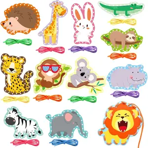 Jungle Animal Lacing Cards 12 Pack Sewing Kits for Kids Lion Wild Animal Cardboard Double Side Kids Sewing Cards Lacing Playing Games for Developing Imagination Preschool Educational Learning Activity