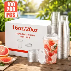 100/200 pieces of 16oz/20oz plastic cups (with strawless direct-drink lids), iced coffee cups with lids, BPA-free, disposable transparent cups with lids, suitable for smoothies, party drinks, bubble tea, and various cold drink take-out cups