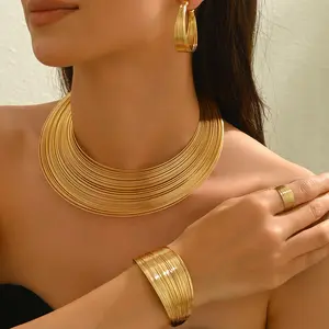 Glamorous Alloy Statement Multi-Layer Wire Jewelry Set - Gold Tone Collar Necklace, Adjustable Ring & Gold Aesthetic Accessories, Versatile for Parties, Formal Events, Ceremony