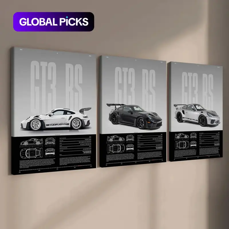 3 Counts Wooden Framed Canvas, Cool Supercar Poster, Exquisite Sports Car Patterns, Exquisite Fashion Poster, Perfect Living Room Decoration, Modern Art, Family Poster, Wall Art Decoration, Ideal Gift, Waterproof, Artwork, Modern Home Decor