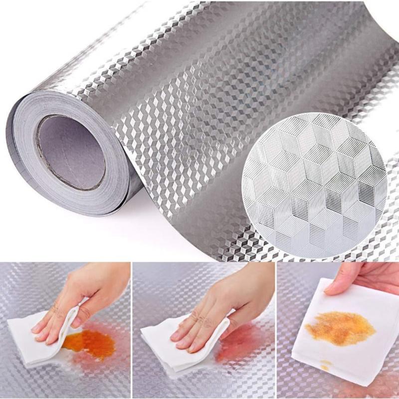 Kitchen Wallpaper Oil Proof Sticker Aluminum Foil Backsplash Self-Adhesive Contact Paper Cabinet Liner Waterproof Heat Resistant Peel Stick Wallpaper 15.7X118 Inches Cube Texture Silver Non-Woven,UU