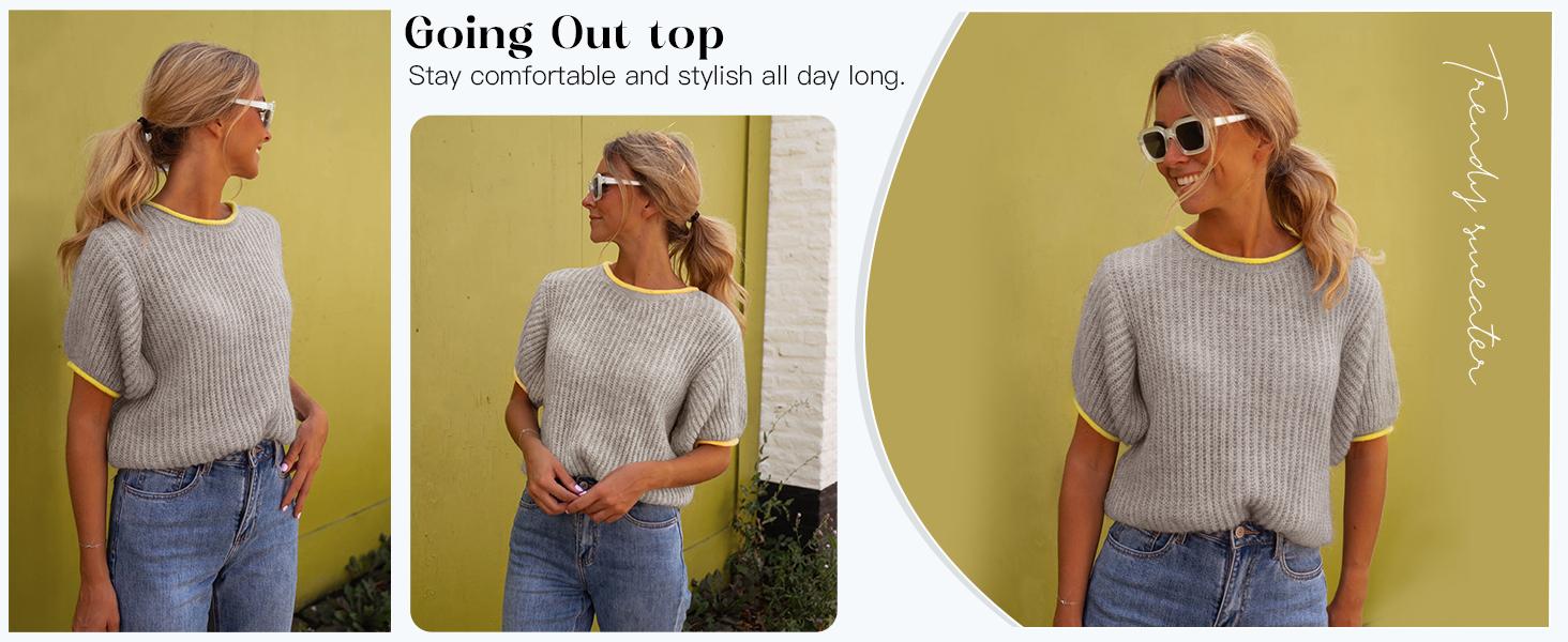 Saodimallsu Womens Puff Short Sleeve Sweater Tops Spring Summer Color Block Ribbed Knit Crew Neck Going Out Shirts SpringStatements