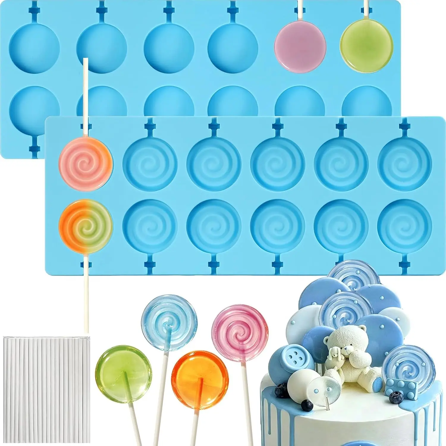 Lollipop Molds Silicone, 2-Pack Hard Candy Mold 24-Cavitiy | Sucker Molds With 50 Sticks for Chocolate DIY Sucker Cake Decorations Dessert Toppers Birthday Parties Wedding Non-Stick