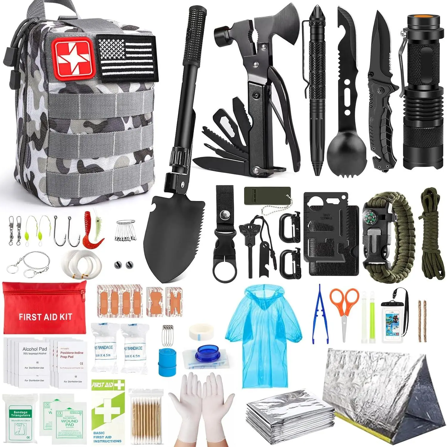 Survival Kit, 251 Pcs Survival Gear First Aid Kit with  System  Bag and Emergency Tent, Emergency Kit  Earthquake, Outdoor Adventure, Hiking, Hunting, Gifts  Men Women