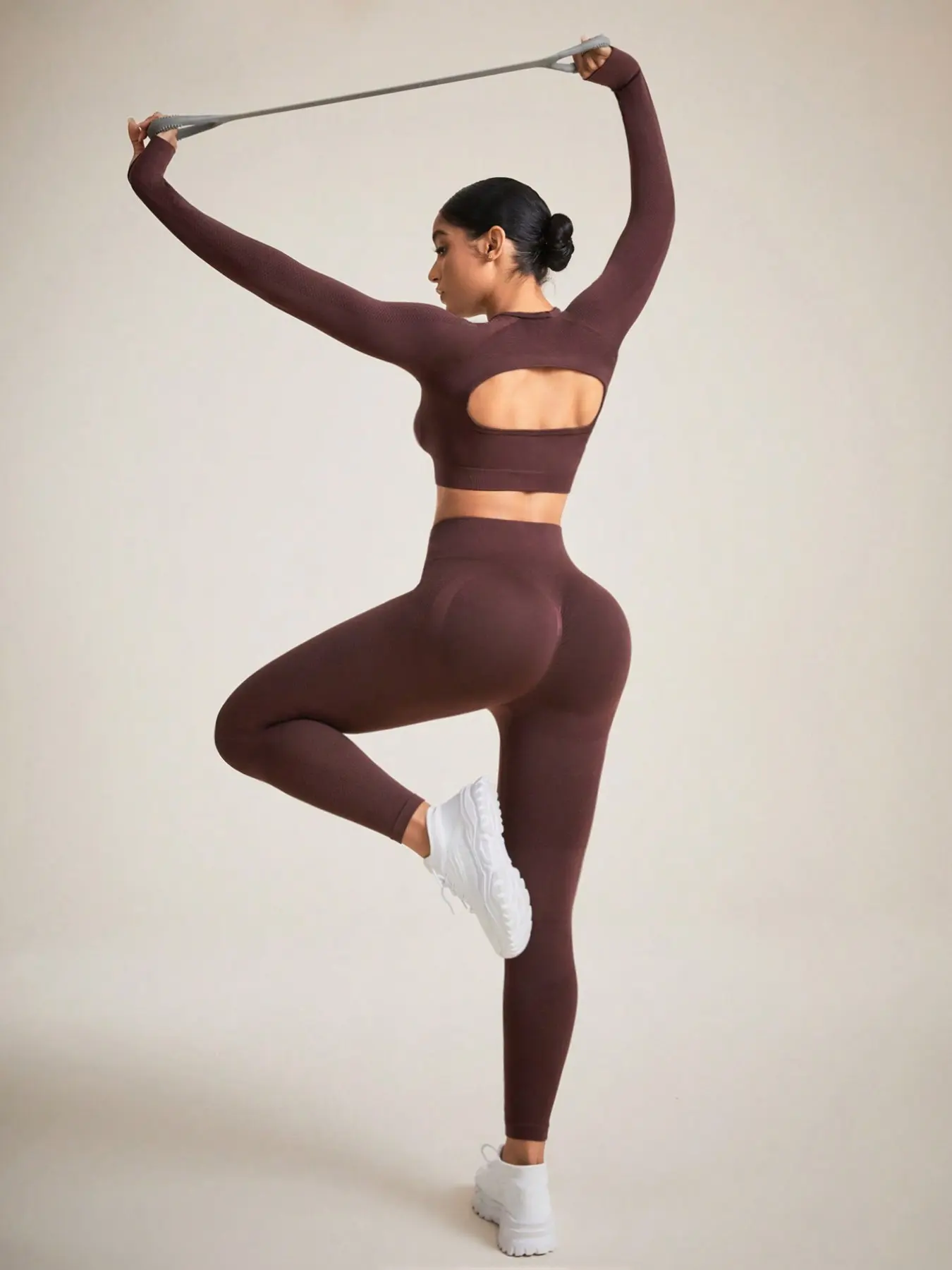 Women's Yoga Set, Long Sleeve Thumbhole Pants, Backless Design, Sporty Style, Spring & Fall, High Waist, Compression Wear, Compression Sportswear Set