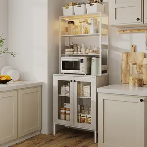 66in Bakers Rack with Power Outlet and USB, Farmhouse Coffee Bar Cabinet with LED Lights and Adjustable Shelves, Microwave Stand and Liquor Storage for Kitchen Dining Room