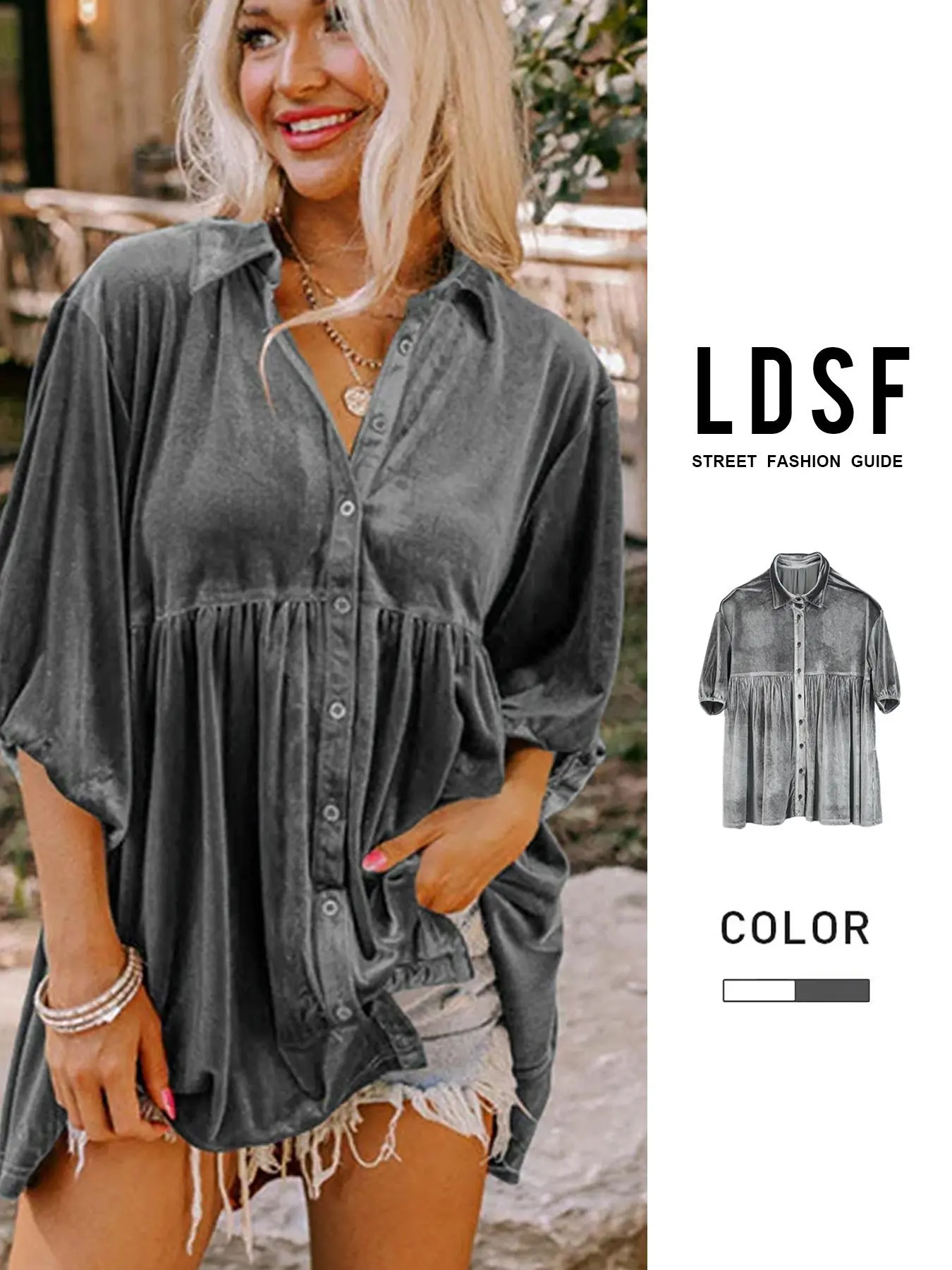 Women's Casual Half Sleeve Button Front Collared Shirt, Plain Loose-Fitting Fall Winter Top, Fashion Medium-Length Velvet Blouse