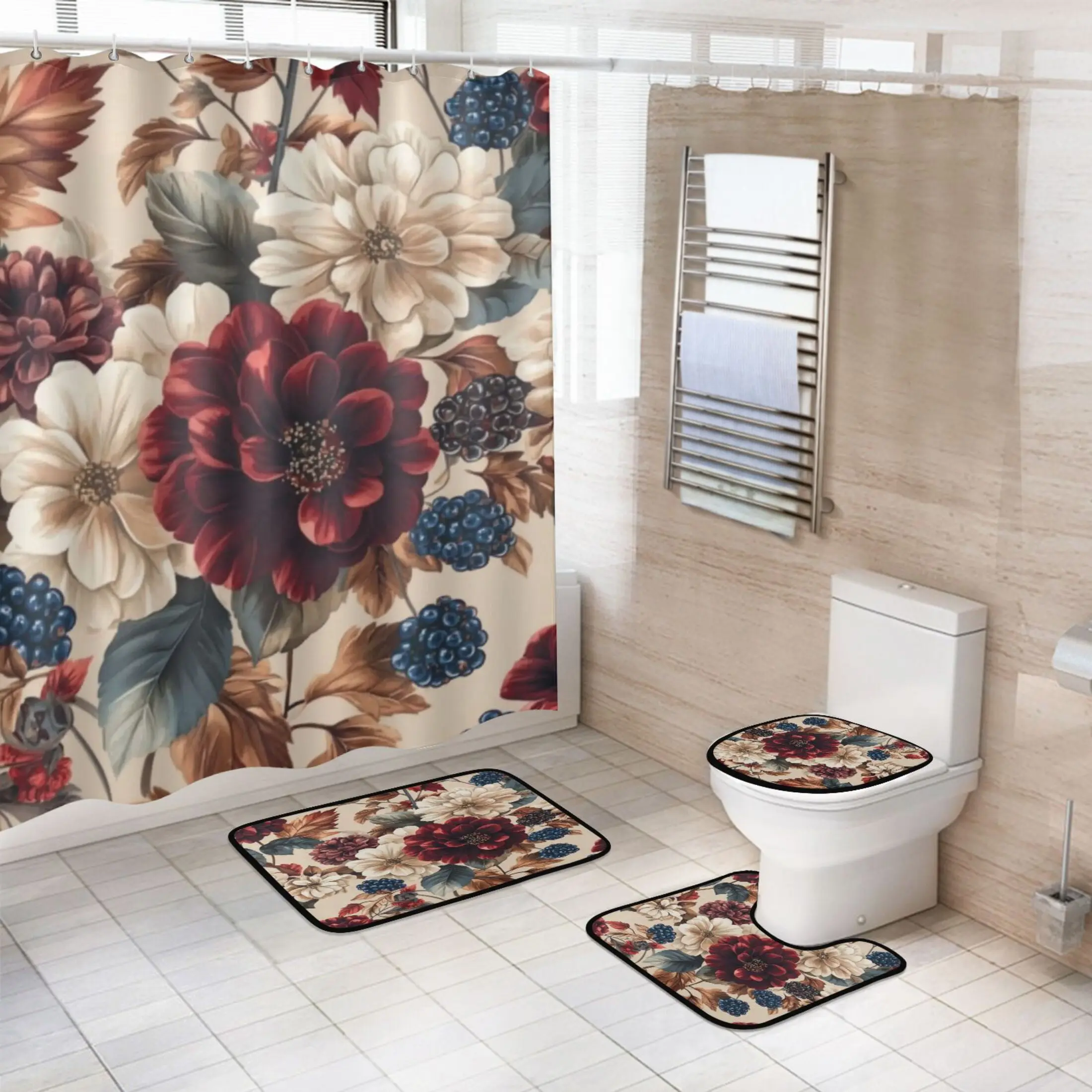 4-Piece Cotton Burgundy Hydrangea Print Bathroom Full Set - Washable Hanging-Resistant Waterproof Shower Curtain, Non-Slip Bath Mat, U-Shaped Mat, Modern Toilet Lid Cover with Metal Accents, Four Pieces