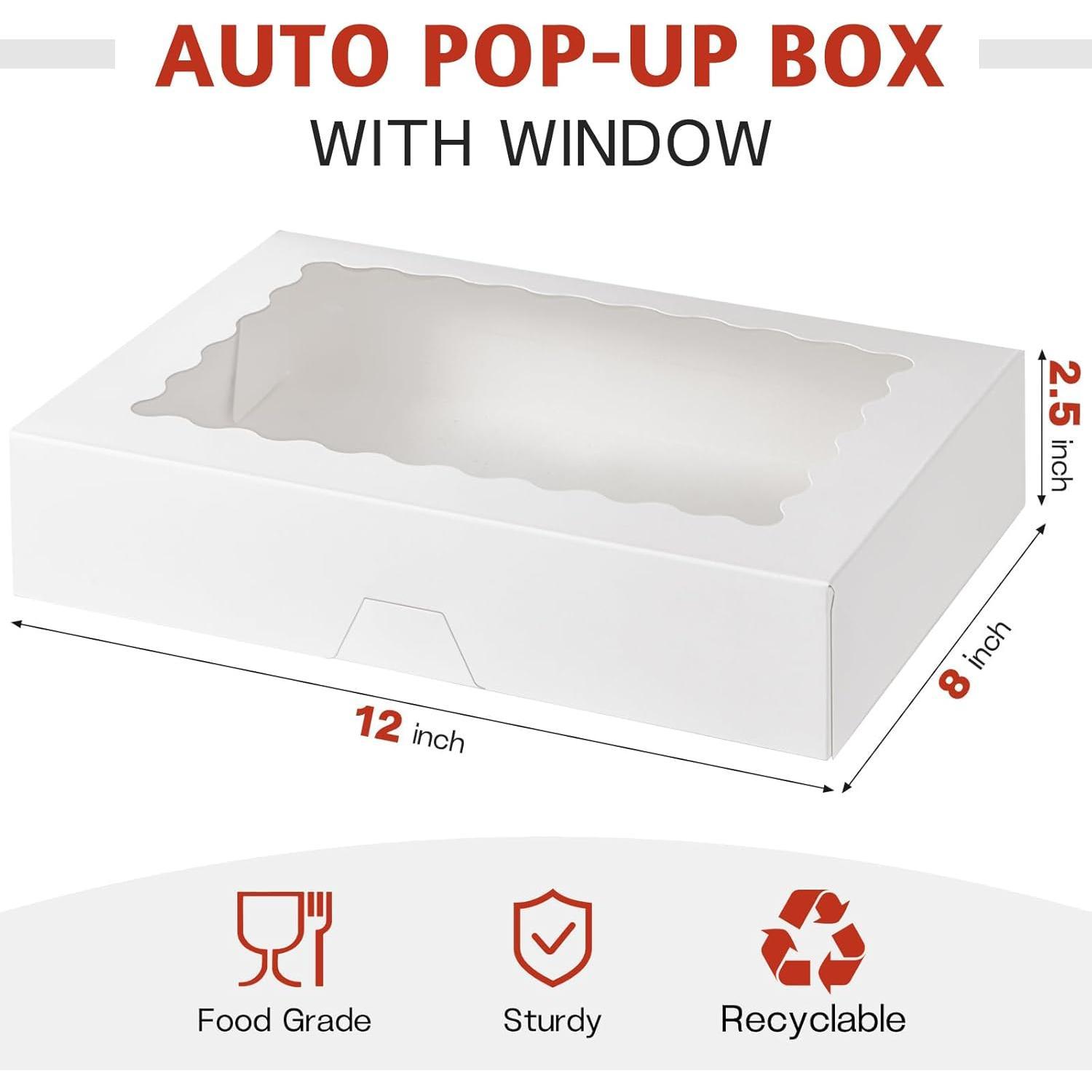 30 Pack Auto Pop-up Cookie Boxes with Window, 12" x 8" x 2.5" White Bakery Boxes Boxes for Covered Strawberries, Sugar Cookies, Cake Pops, Donuts, Cocoa Bombs, Pastries 30 Pack Auto Pop-up Cookie Boxes with Window, 12" x 8" x 2.5" White Bakery Boxes Boxes for Covered Strawberries, Sugar Cookies, Cake Pops, Donuts, Cocoa Bombs, Pastries
