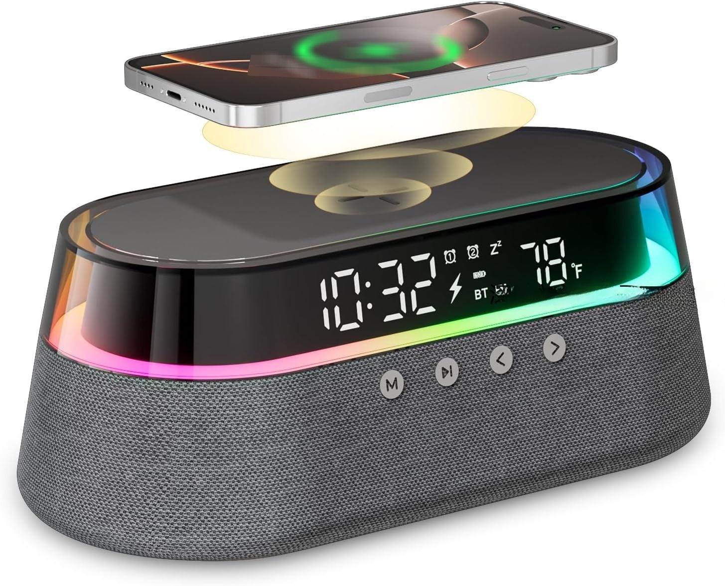 6-in-1 Smart Speaker Alarm Clock 15W Wireless Charger Bluetooth Music Player with Snooze Function