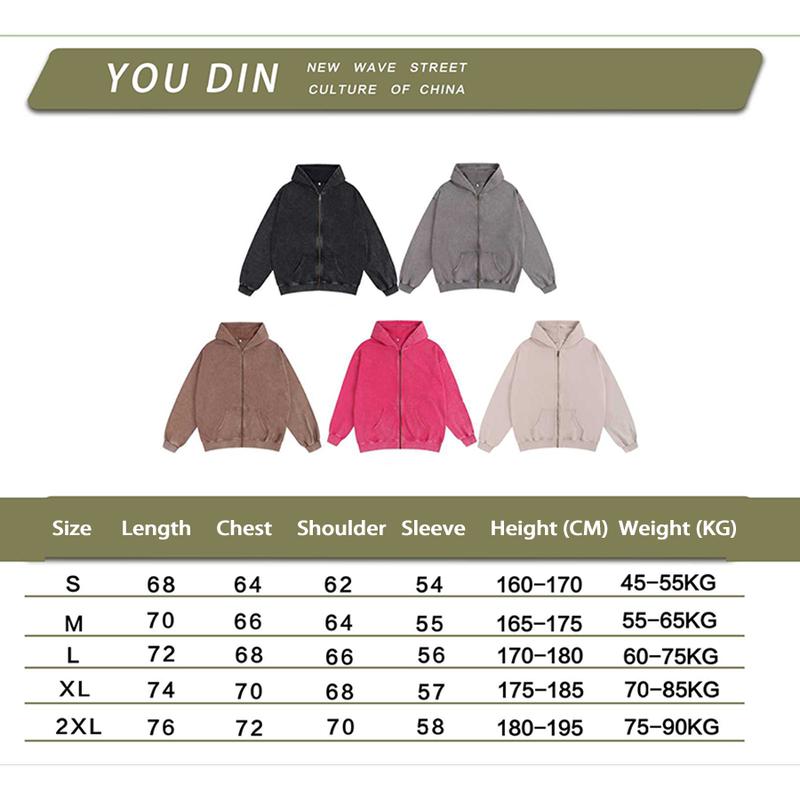 BIGWIG Unisex loose zip-up hoodie suitable for men and women, solid color zip-up sweatshirt acid wash long sleeve pullover, basic minimalist terry fabric cotton zip-up hoodie vintage
