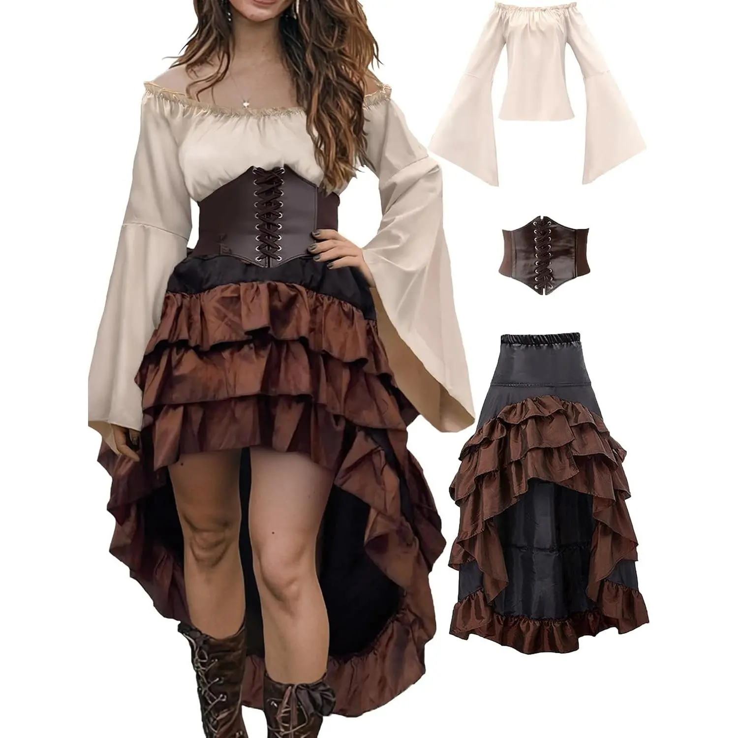 Women's Renaissance Pirate Wench Costume with Corset, Skirt & Blouse | Vintage Pirate Outfit for Halloween, Cosplay, Renaissance Fairs & Themed Parties(Gift)