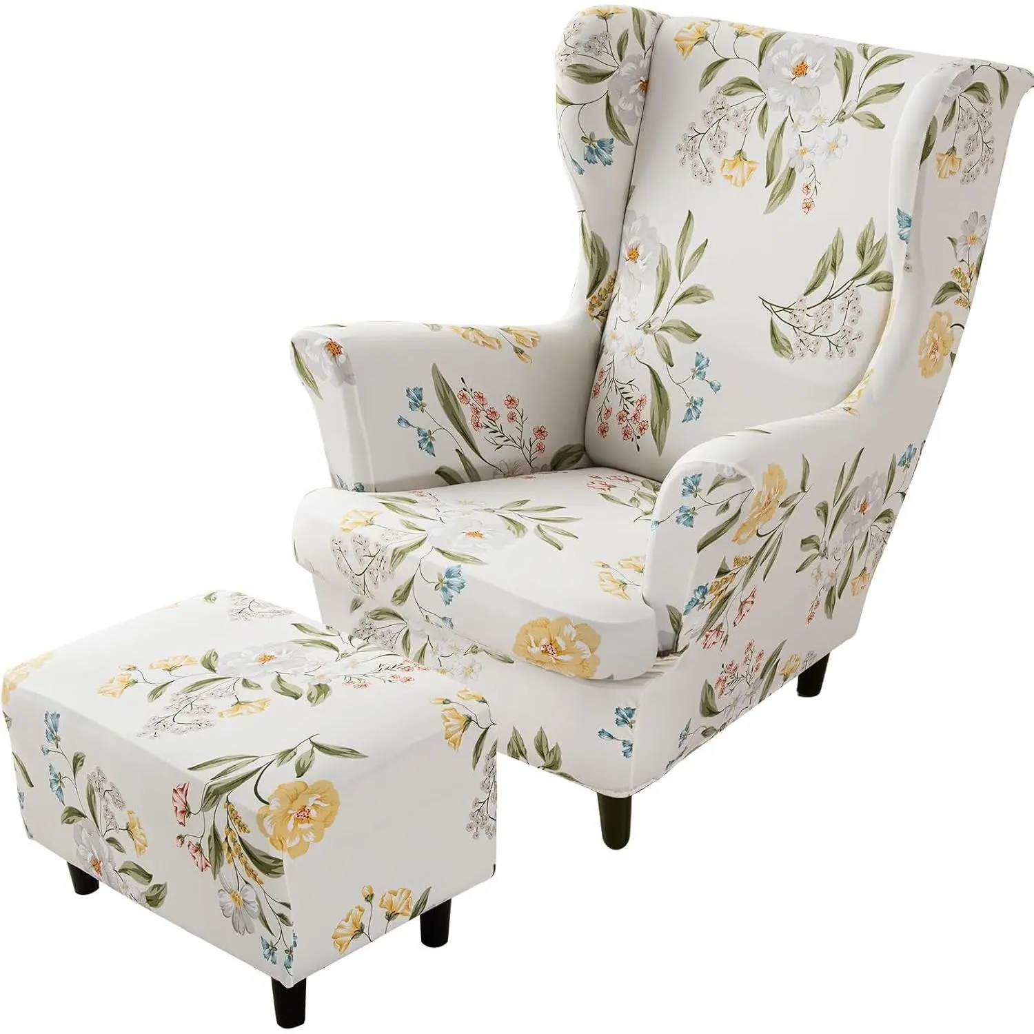 Stretch Wing Chair Cover Set Ottoman Slipcover 2 Pieces Wingback Chair Slipcover and 1 Piece Rectangle Storage Stool Cover Removable Armchair Sofa Covers for Living Room Bedroom