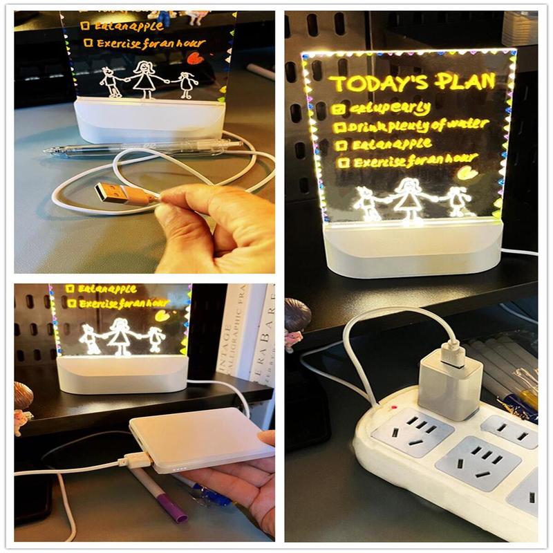 Acrylic LED Writing Planning Board with Light, 1 Count USB Rechargeable Memo Tablet Letter Note Doodle Whiteboard with Stand, Glowing Acrylic Message Board