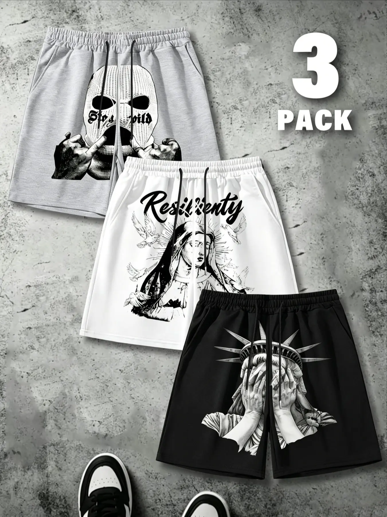 3-Pack Men's Y2K Chicano Tattoo Print Casual Sweat Shorts, Graphic Loose Shorts, loose wide-fit five-inch shorts with front prints of Virgin Mary and white doves, drawstring waist and side pocket shorts, ideal for skateboarding, gym workouts