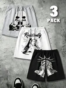 3-Pack Men's Y2K Chicano Tattoo Print Casual Sweat Shorts, loose wide-fit five-inch shorts with front prints of Virgin Mary and white doves plus gang-style ski masks, drawstring waist and side pocket athletic shorts, ideal for skateboarding, gym workouts