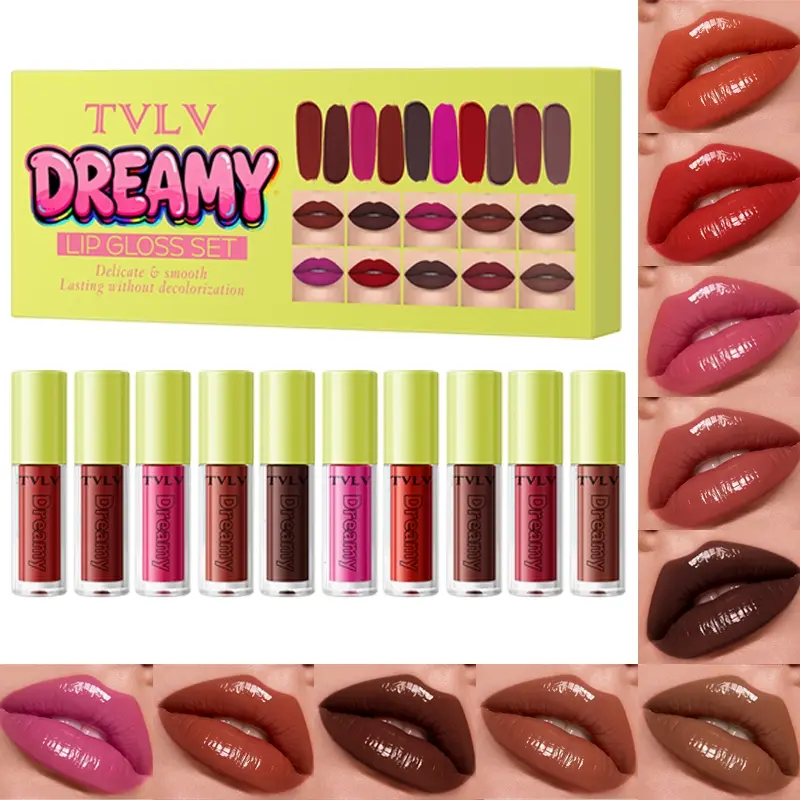 Lightweight Moist Liquid Lip Gloss 10 Shades Satin Silky Texture All Day Non Fade Mirror Gloss Finish High Color Render Fluffy Brush Tip Precise Lip Coating Gloss Balm