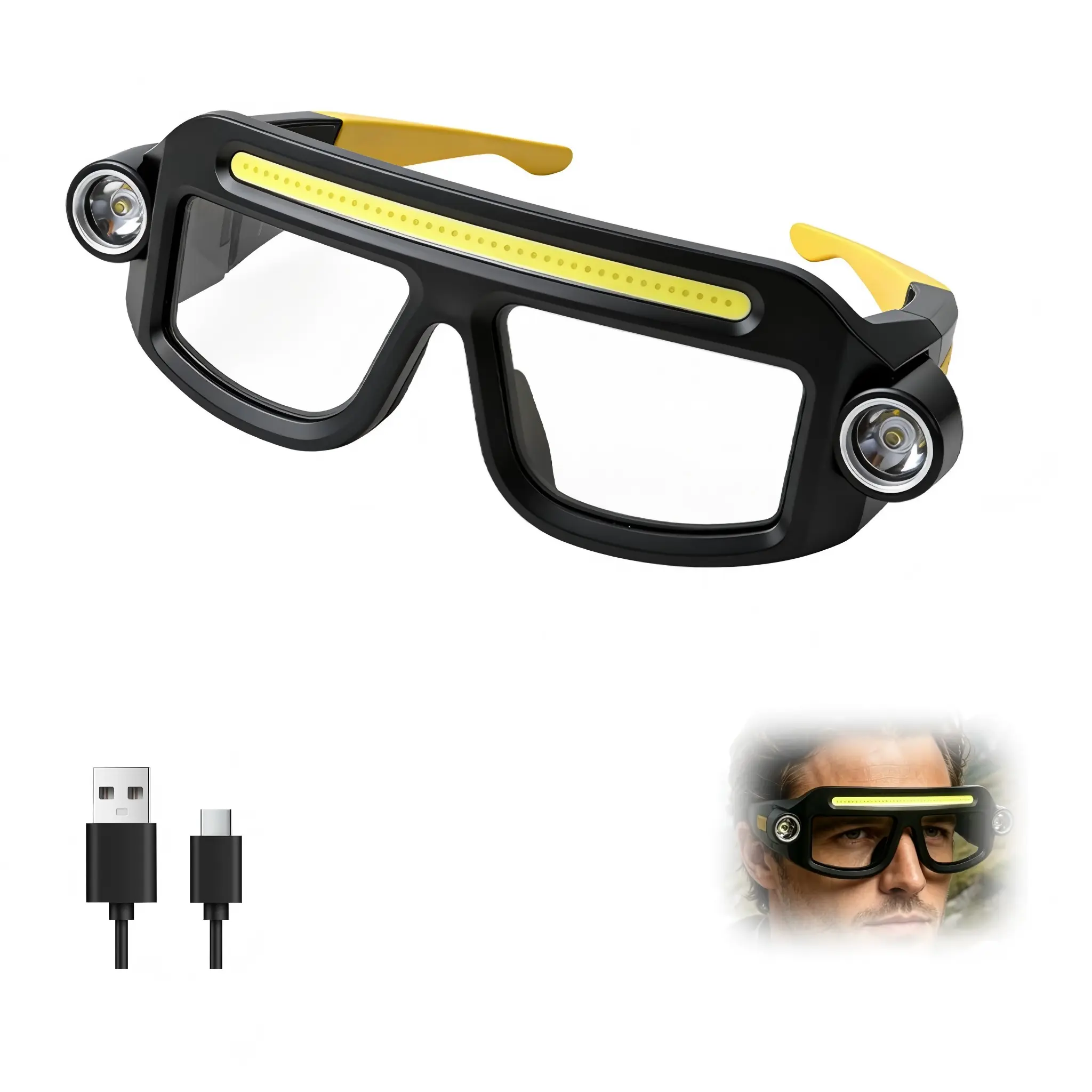 Rechargeable LED Headlamp Glasses, COB Floodlight & Spotlight, 5 Modes, Ideal for Night Fishing, Cycling, Running, Camping