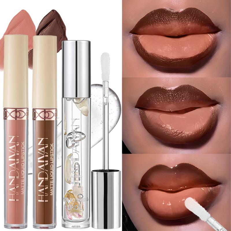 3pcs Matte Lip Gloss, Matte Liquid Lipstick and Lip Oil Set – Waterproof and Long-Lasting with Non-Stick Velvet Finish, Mixed Shades Hydrating Matte Lip Liner and Gloss Combo for Parties, Festivals, Daily Makeup and Daily Wear