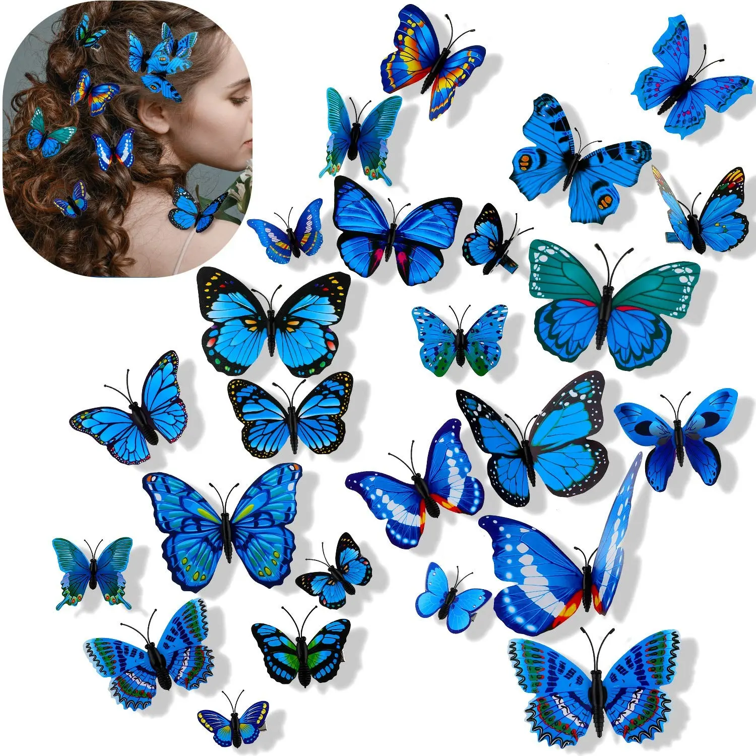 24 Pieces Small Realistic Colorful Handmade 90s Blue Butterfly Hair Clips Barrette Accessories for Women