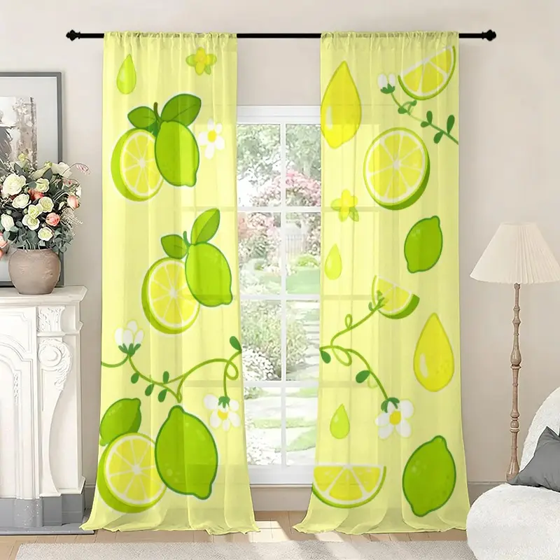 2-Pack Lemon Tree Pattern Curtains, Transparent Privacy Sheer Drapes for Living Room Kitchen, Easy Hang Rod Pockets, Modern Home Decor