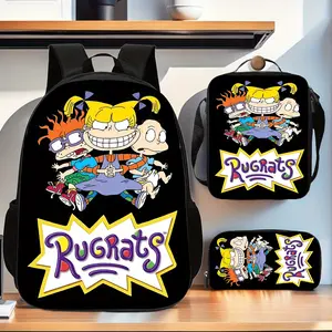 Naughty Little Soldiers' three-piece school bag set with an explosive font design and black background, includes a backpack, insulated lunch bag, and stationery storage bag, suitable for daily use by teenagers