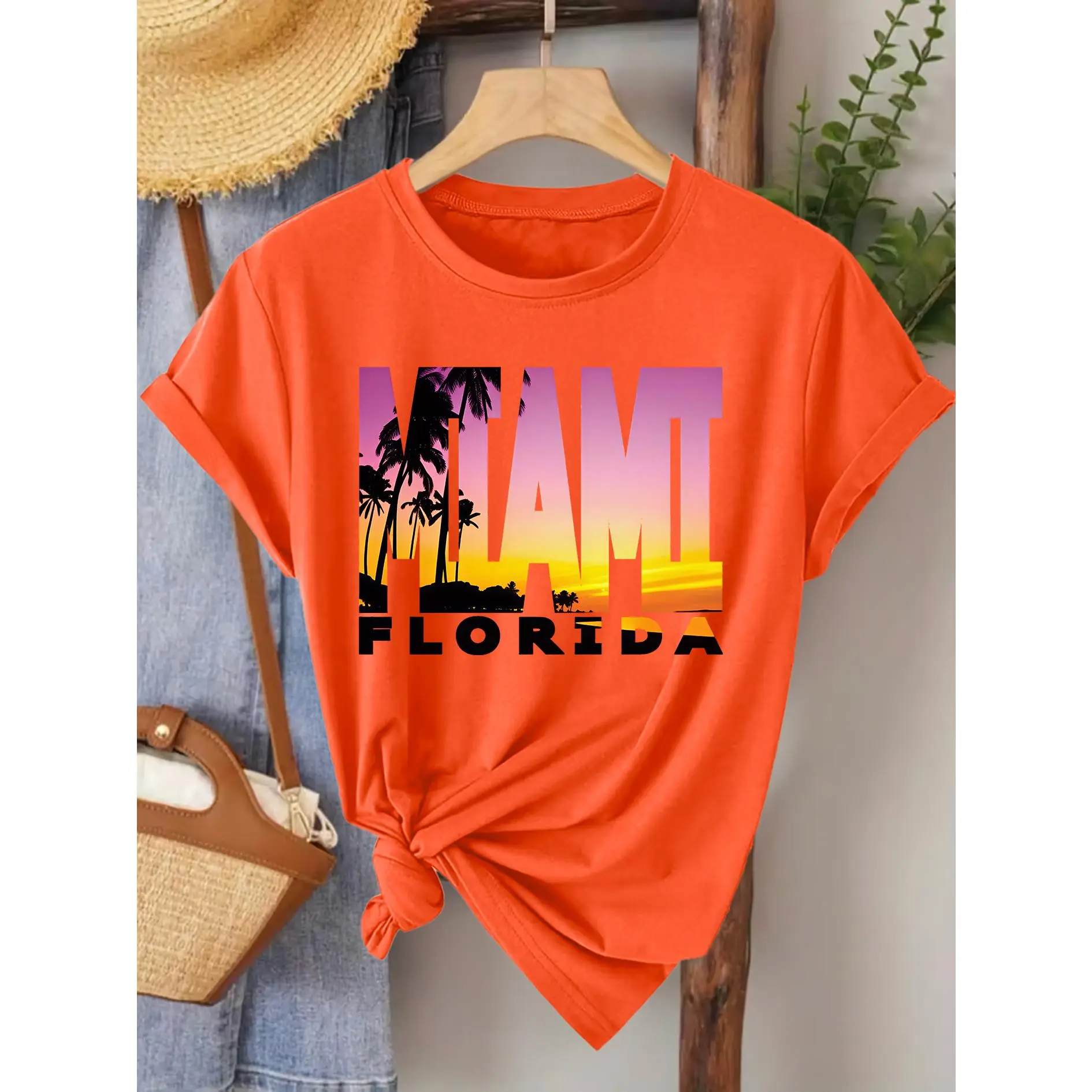 2026 Spring/Summer New Women'S Round Neck MIAMI FLORIDA Miami Sunset Print Short Sleeve T-Shirt, Vintage Distressed Style Casual Top, Soft Fabric High Quality Women'S Clothing | Fun Quirky Design | Suitable for Spring Summer Fall Daily Commute | Pla