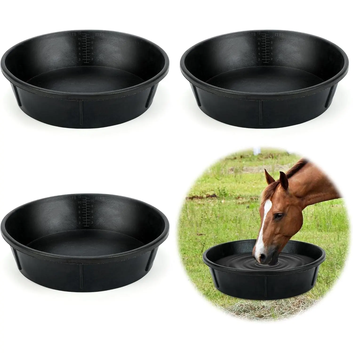 3Pcs Heavy Duty Rubber Feeder Pan 12Q/3Gal Large Feed Bucket for Animal Feeding Livestock Water Bowl Chicken Dust Bath Tub for Horse Goat Pig Dog Farm Poultry
