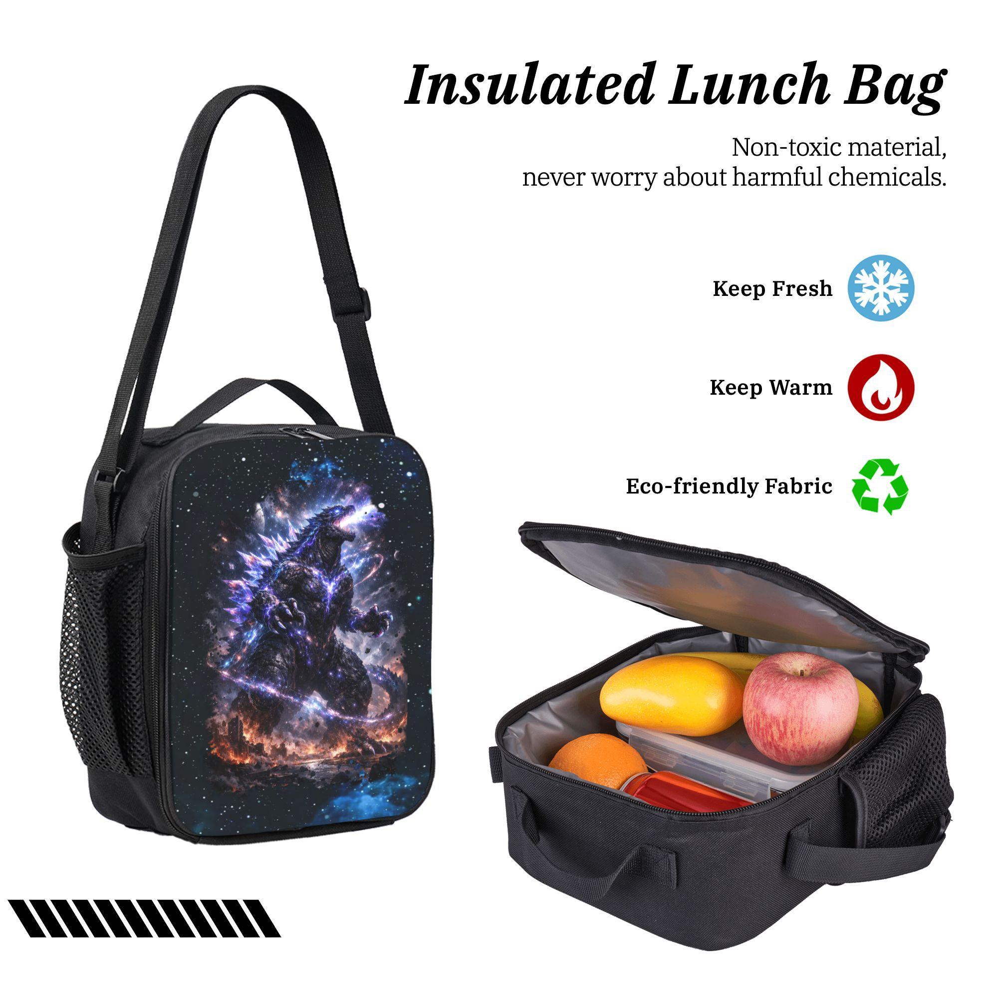 Godzilla Anime Kids' 3-Piece Backpack Set - Polyester Daypack, Lunchbox, Pencil Case, Durable, Stylish Casual School Supplies for Back to School, Printed, Unisex