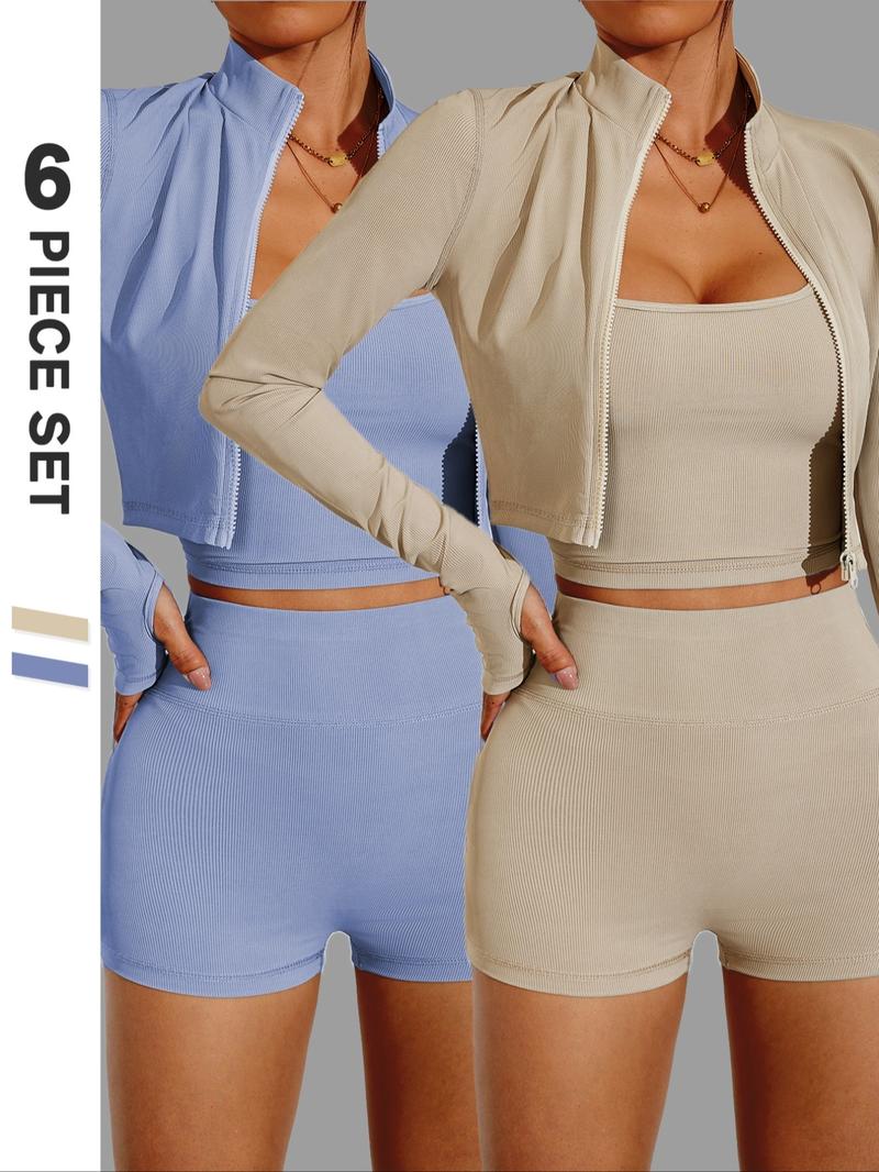 Three-Piece Set Women's Solid Crop Cami Top & High Waist Skinny Shorts & Long Sleeve Thumb Hole Zip Up Stand Collar Jacket Set, Slim-fitting Sporty Tummy Control Butt Lifting Sportswear Set for Yoga Gym Workout Running, Workout Running Clothes