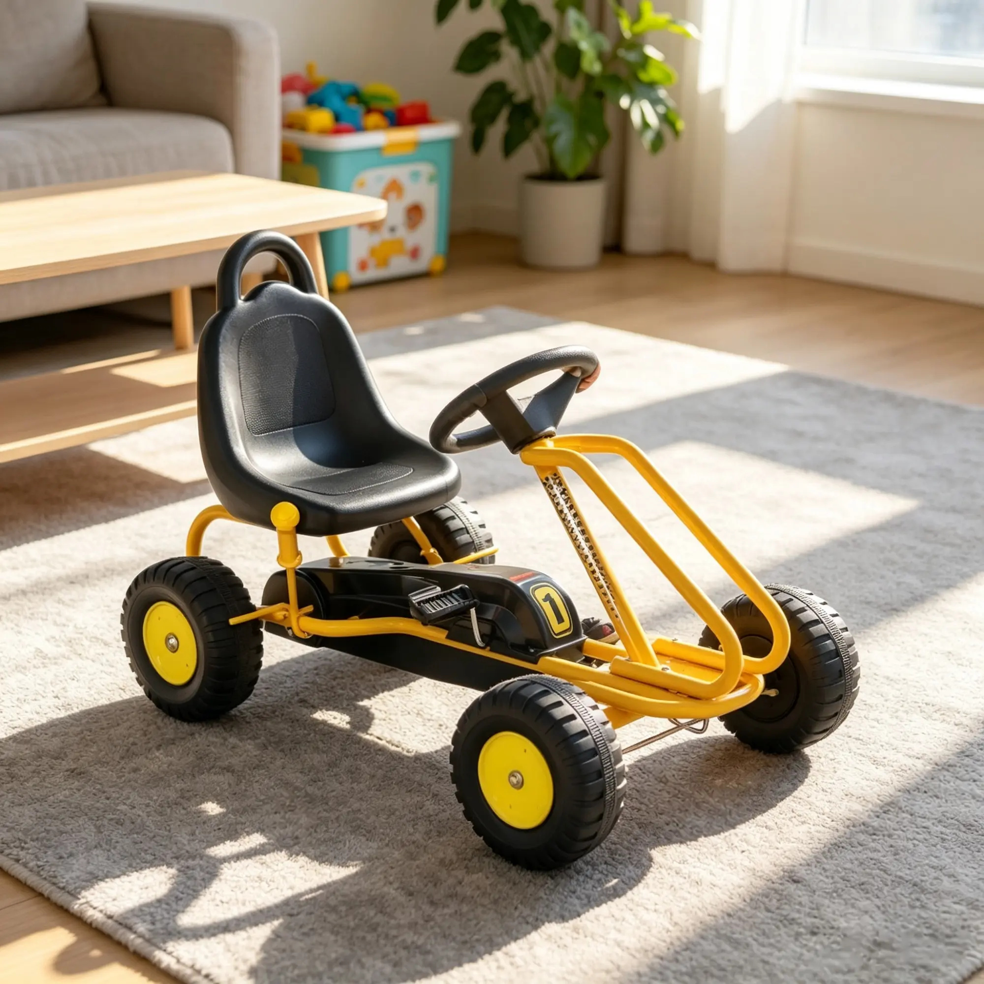 Yellow 4-Wheel Pedal-Powered Kids Go Kart - Adjustable Seat, Hand Brake Safety System, for 3-6 Years Old Boys/Girls, Outdoor Fun Ride-On Toy