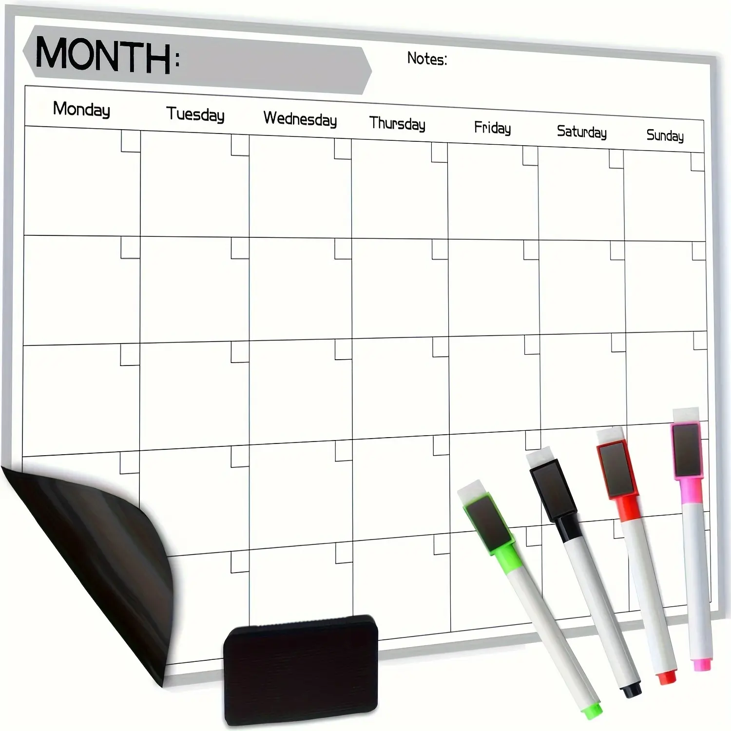 A Magnetic Refrigerator Calendar Made of Pet Material - Dry Erase Monthly Planner - 17x12" Rectangular Whiteboard Refrigerator Sticker with 4 Markers and Eraser - Easy To Clean, No Ghosting Calendar for Fridge