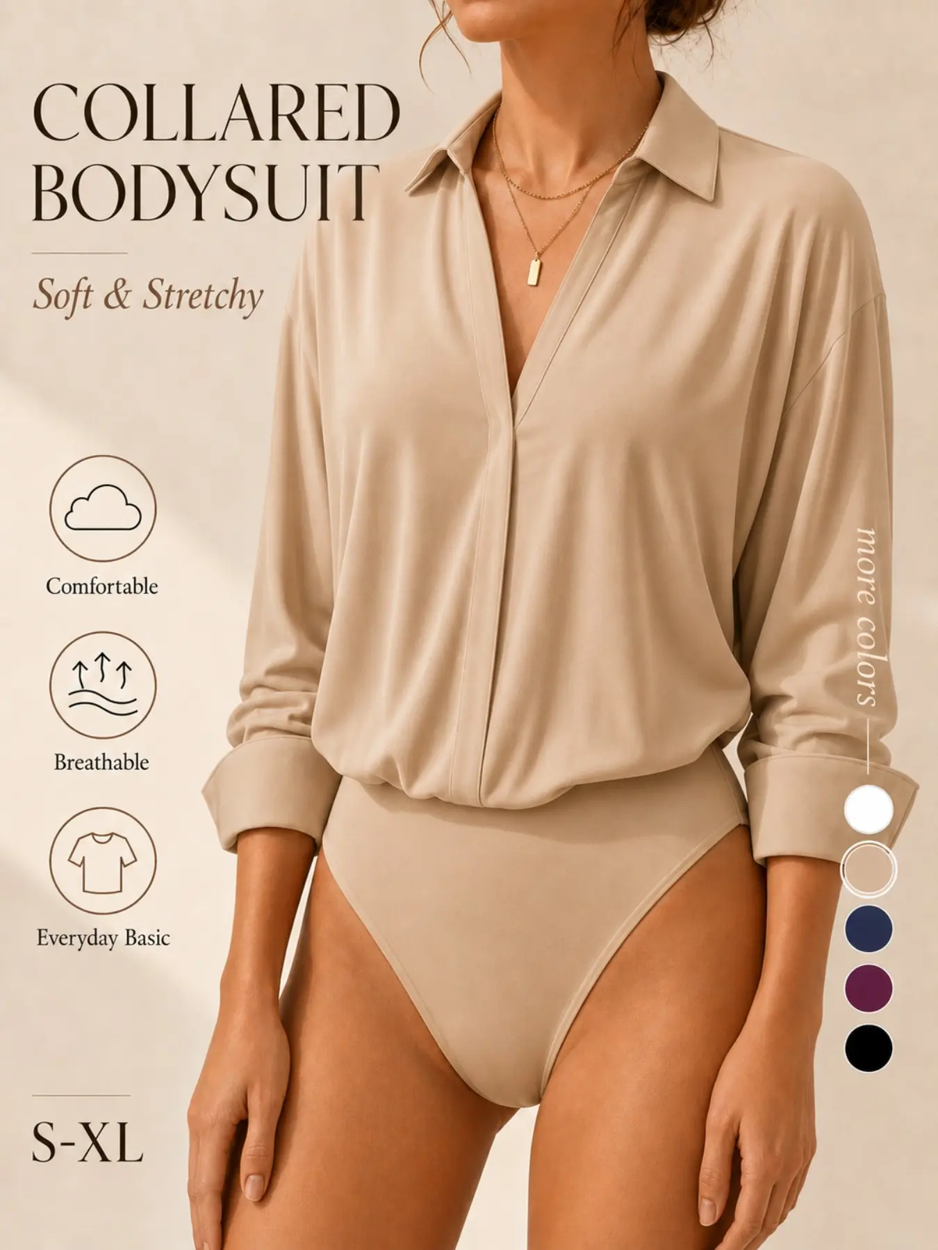 Women's Collared Shirt Bodysuit, Long Sleeve V Neck Blouse, Soft Stretchy Business Casual Workwear Top for Office & Everyday Wear