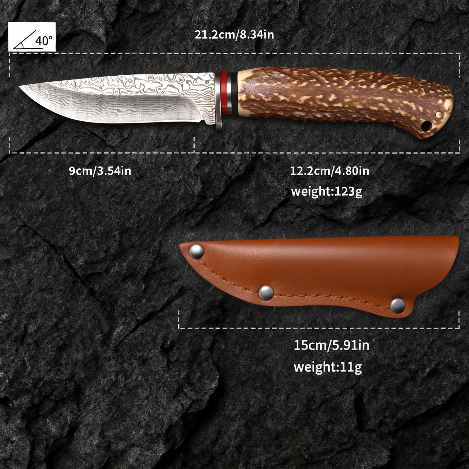 Damascus Pattern Kitchen Knife Chef Knife Steak Knife Razor Sharp Stainless Steel Meat Slicing Cleaver 8.3" Knife with Leather Sheath & Gift Box BBQ Cooking Utility Knife Non-Slip Faux Antler Stag Handle for Beef Tomahawk Fish Veggies Gift for Men Women