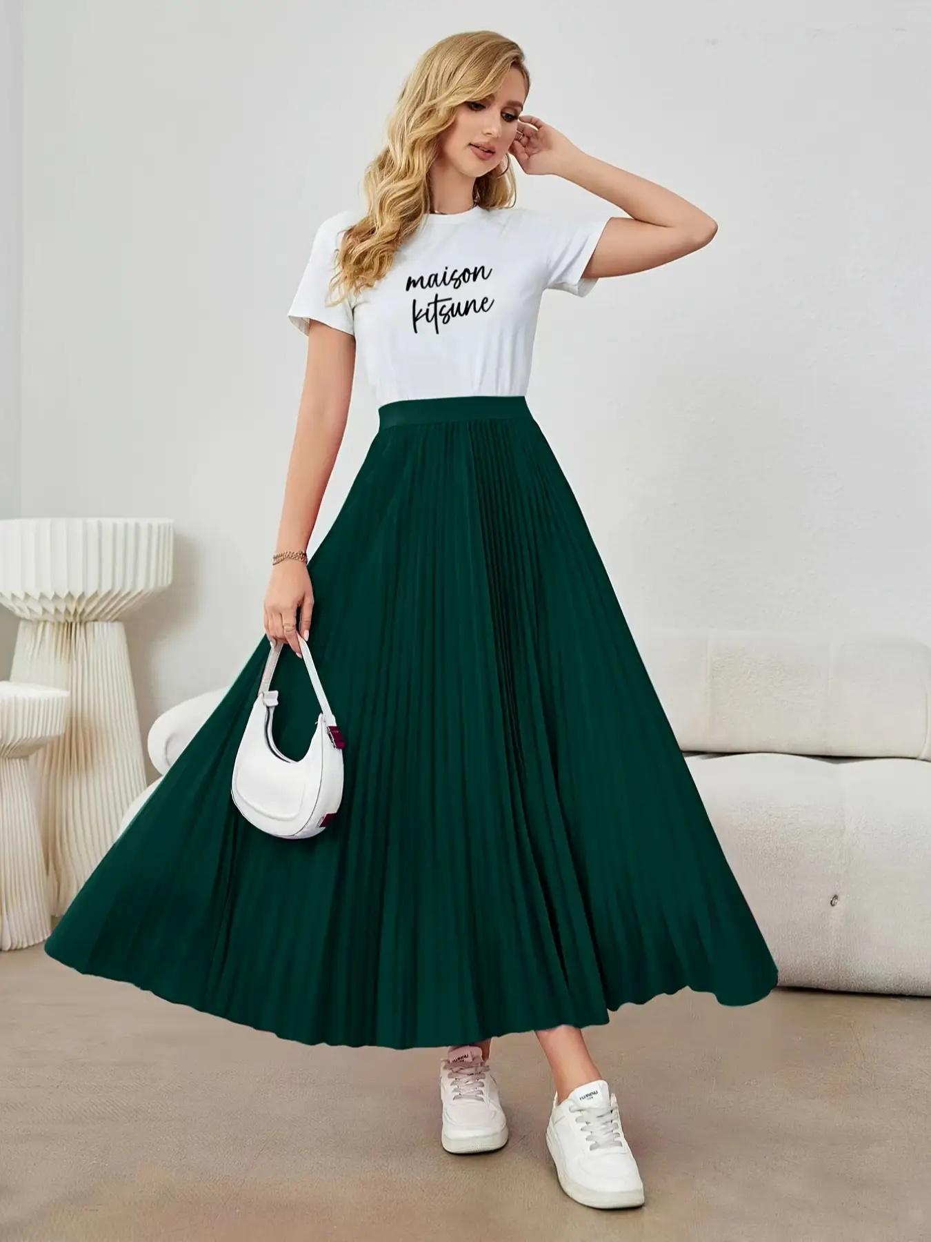 Women's Solid Color Pleated Skirt, Elegant Fashion Long Maxiskirt for Work Office Business, Ladies Spring & Fall Clothes, Formal Fashion Skirt, Flowy Pleated Skirts, Loose Skirt, Plain Color Skirt, Loose Feeling Skirt
